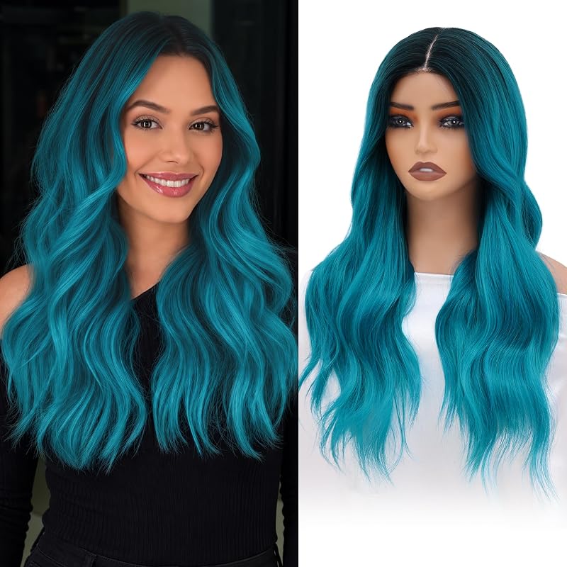 Niceone Hair Teal Blue Ombre Wigs for Women 22 Inch Wavy Synthetic Wig, 4x4 Free Parting Heat Resistant