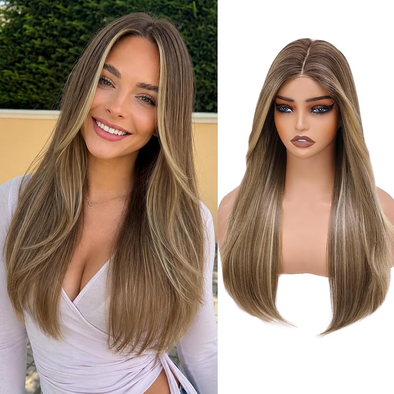 WECAN 24 Inch Brown Layered Wig for Women 4x4 Realistic Scalp Free Parting