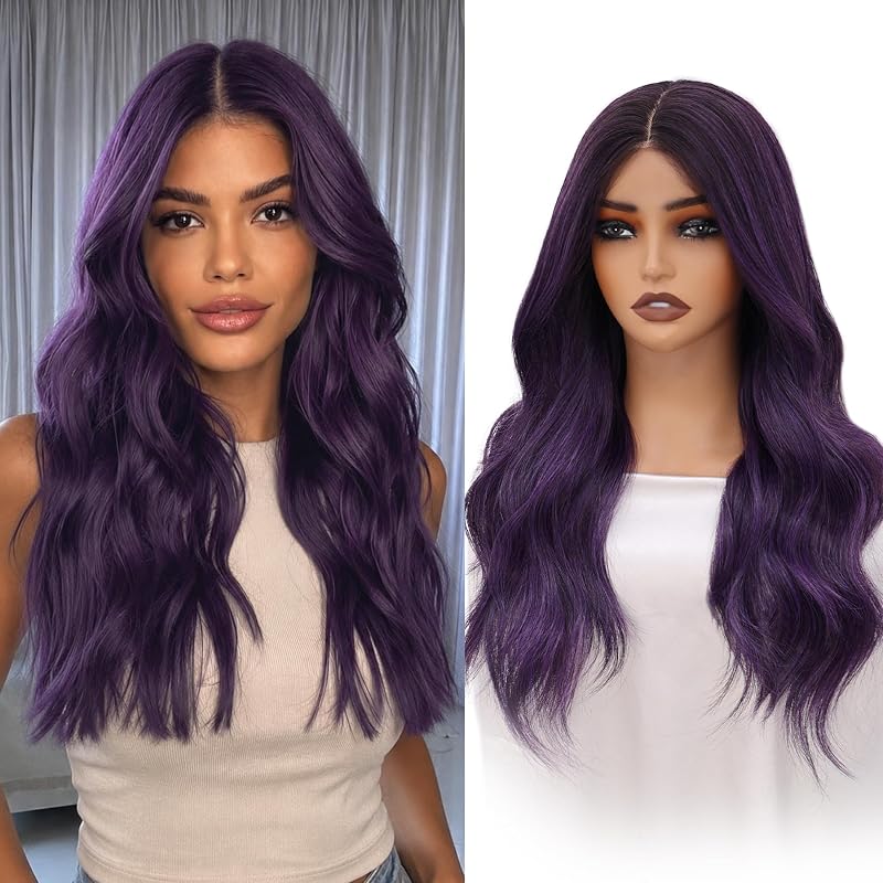 Purple Black Wigs for Women, 22 Inch Wavy Synthetic Wig, 4x4 Free Parting