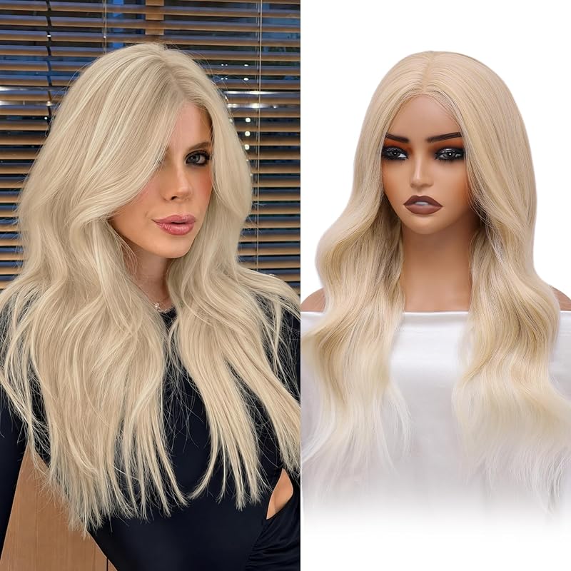 Blonde Wigs for Women, 22 Inch Wavy Synthetic Wig, 4x4 Free Parting