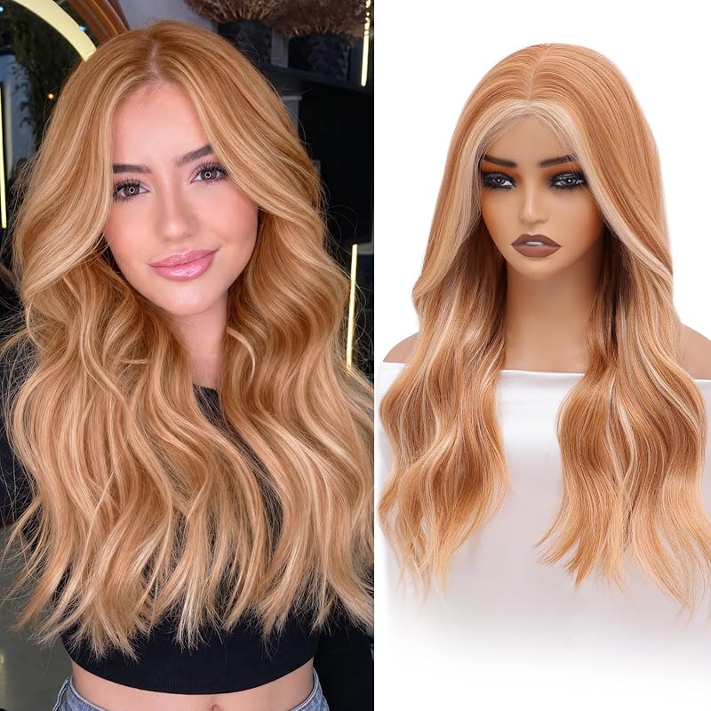 Beige Blonde Wigs for Women, 22 Inch Wavy Synthetic Wig, 4x4 Free Parting