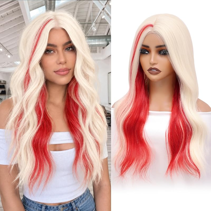 Niceone Hair Platinum Red Wigs for Women 22 Inch Wavy Synthetic Wig, 4x4 Free Parting Heat Resistant