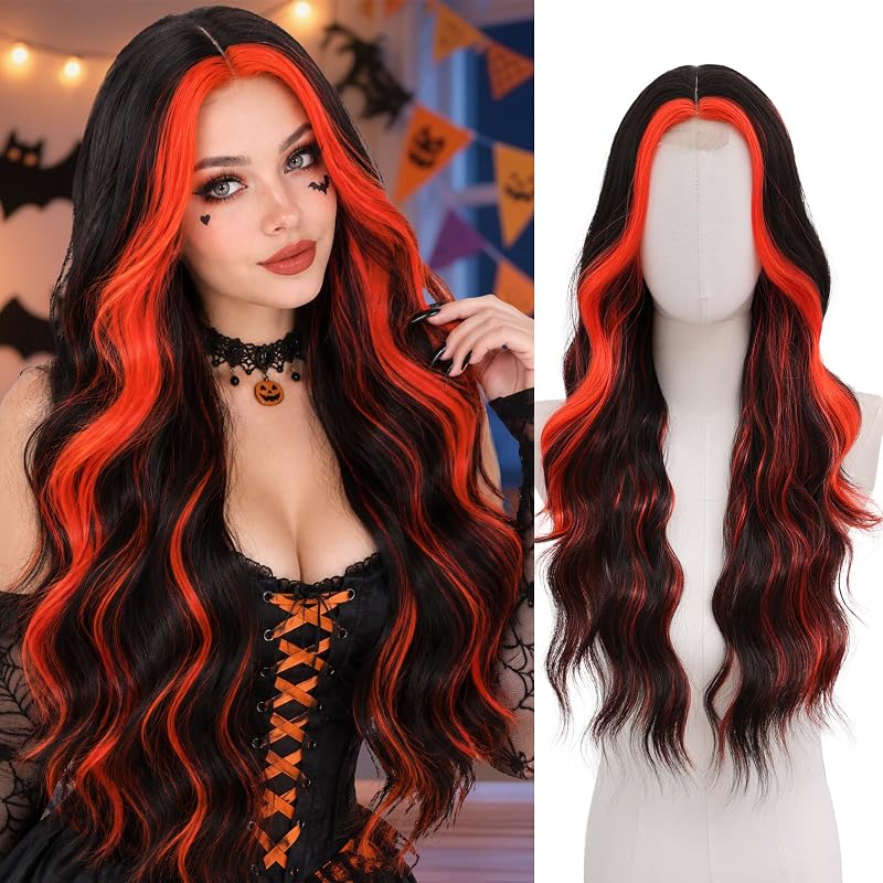 NAYOO Black Wig with Orange Red Highlights, 26 Inch Long Wavy Synthetic Wig for Women, Black and Red Wig