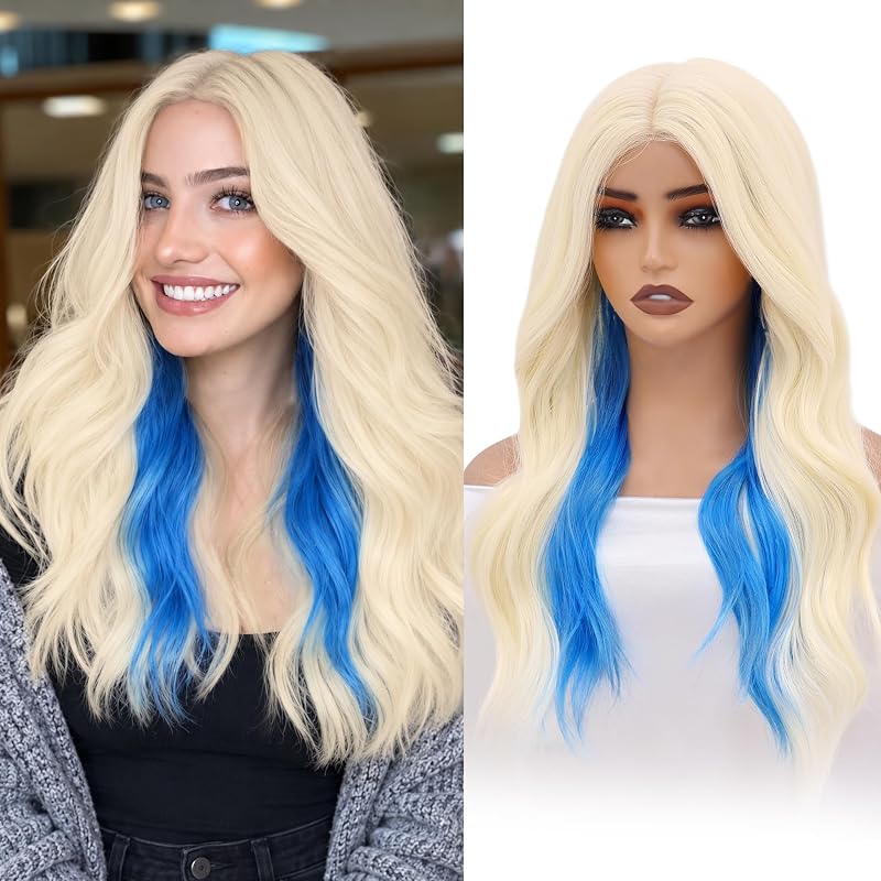 Niceone Hair Platinum Blue Wigs for Women 22 Inch Wavy Synthetic Wig, 4x4 Free Parting Heat Resistant