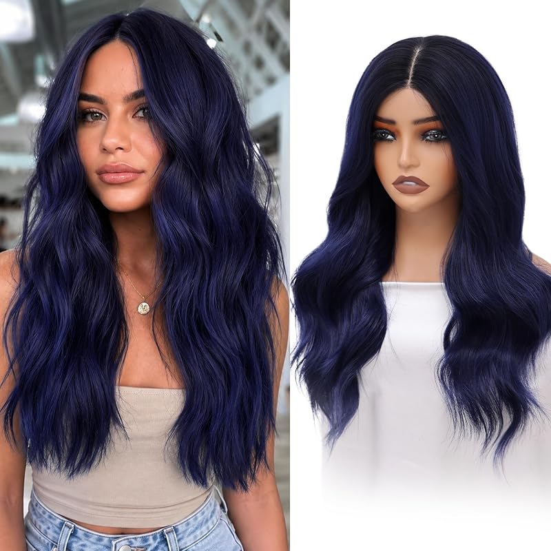 Niceone Hair Dark Blue Ombre Wigs for Women 22 Inch Wavy Synthetic Wig, 4x4 Free Parting Heat Resistant