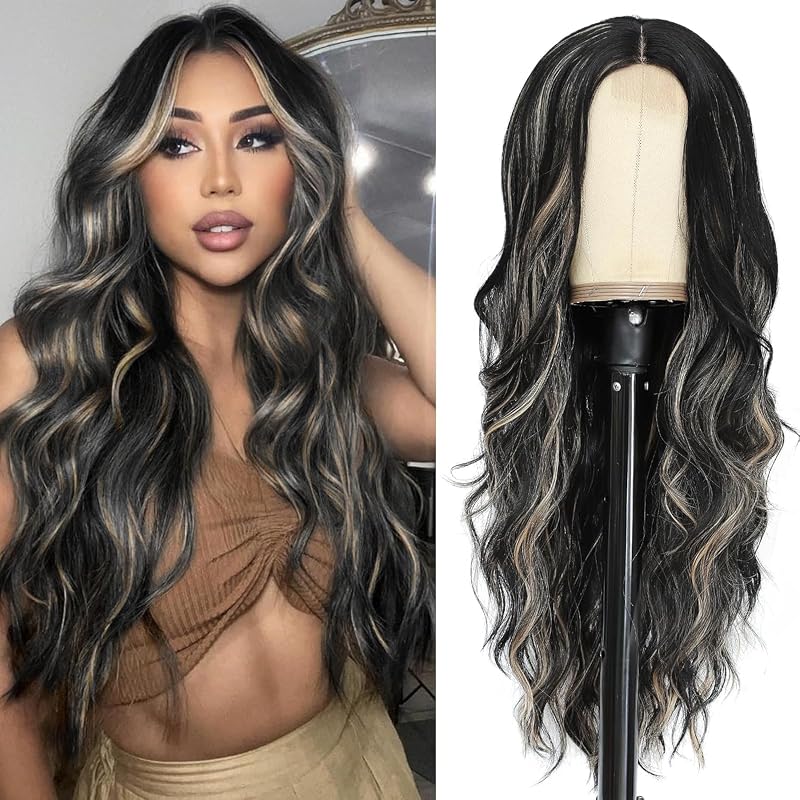 NAYOO Long Black Mixed Blonde Wavy Wig for Women 26 Inch Middle Part Curly Wavy Wig Natural Looking Synthetic Heat Resistant Fiber for Daily Party (Black Mixed Blonde)