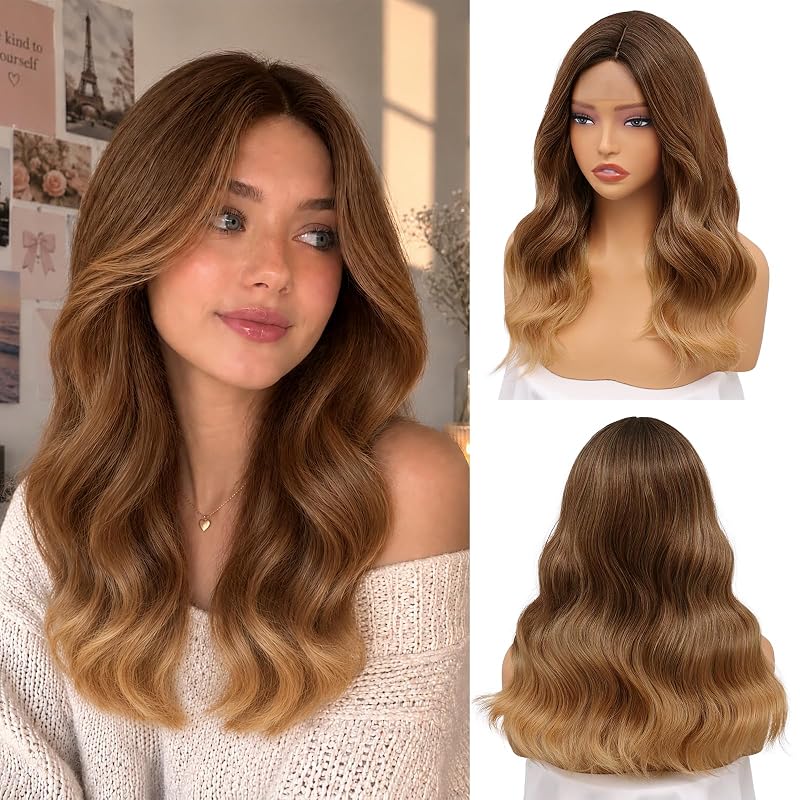 Brown to Honey Blonde Wig for Women,18 Inch Middle Part Synthetic Wavy Wig