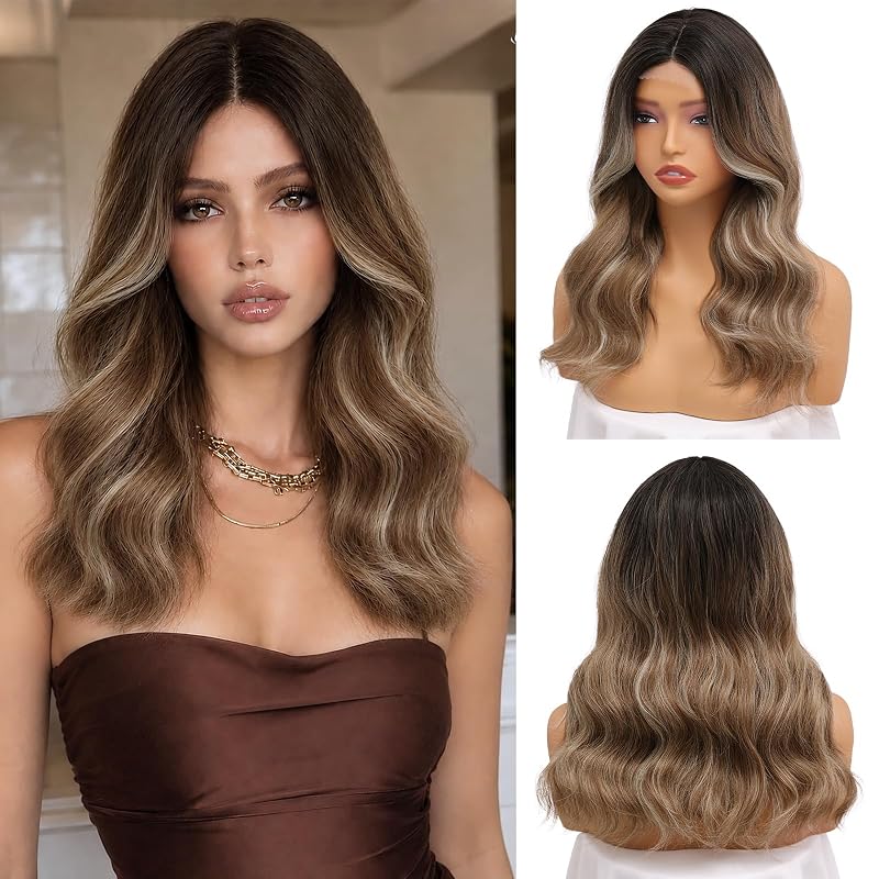 Ash Brown Balayage Wig for Women, 18 Inch Middle Part Wavy Synthetic Wig