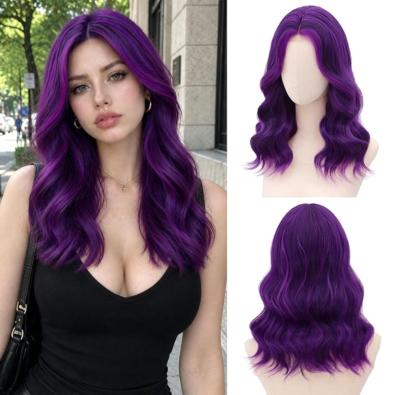 NAYOO Purple Highlight Wig for Women,18 Inch Middle Part Synthetic Wavy Wig