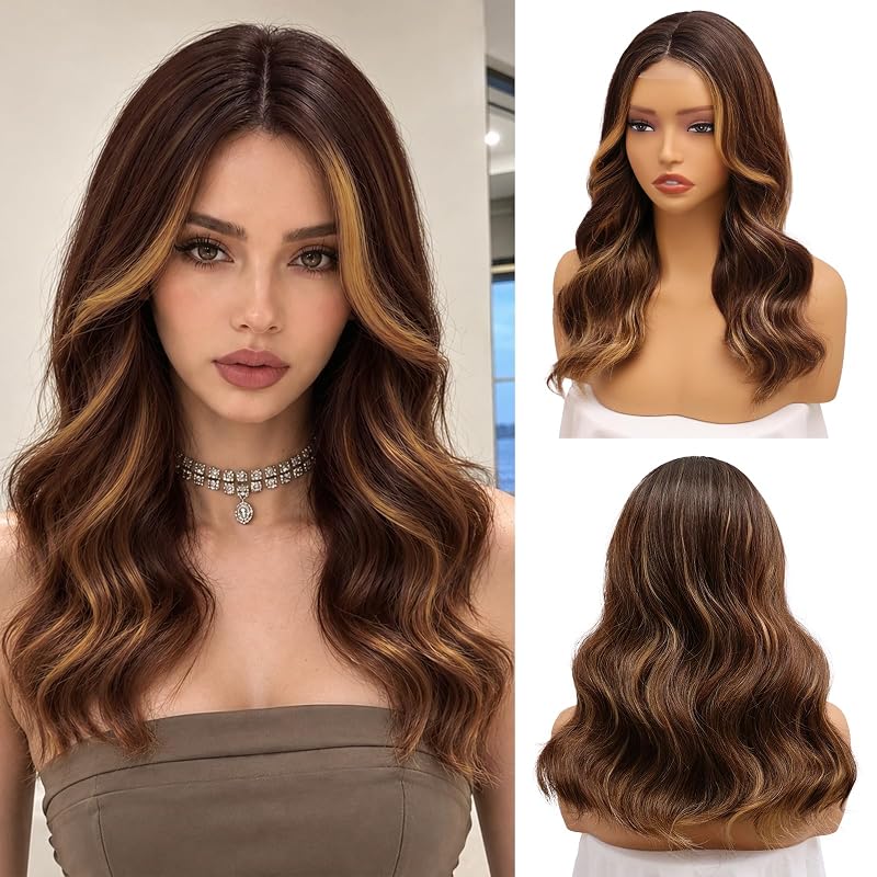 NAYOO Mocha Brown Gold Highlight Wig for Women, 18 Inch Wavy Synthetic Wig
