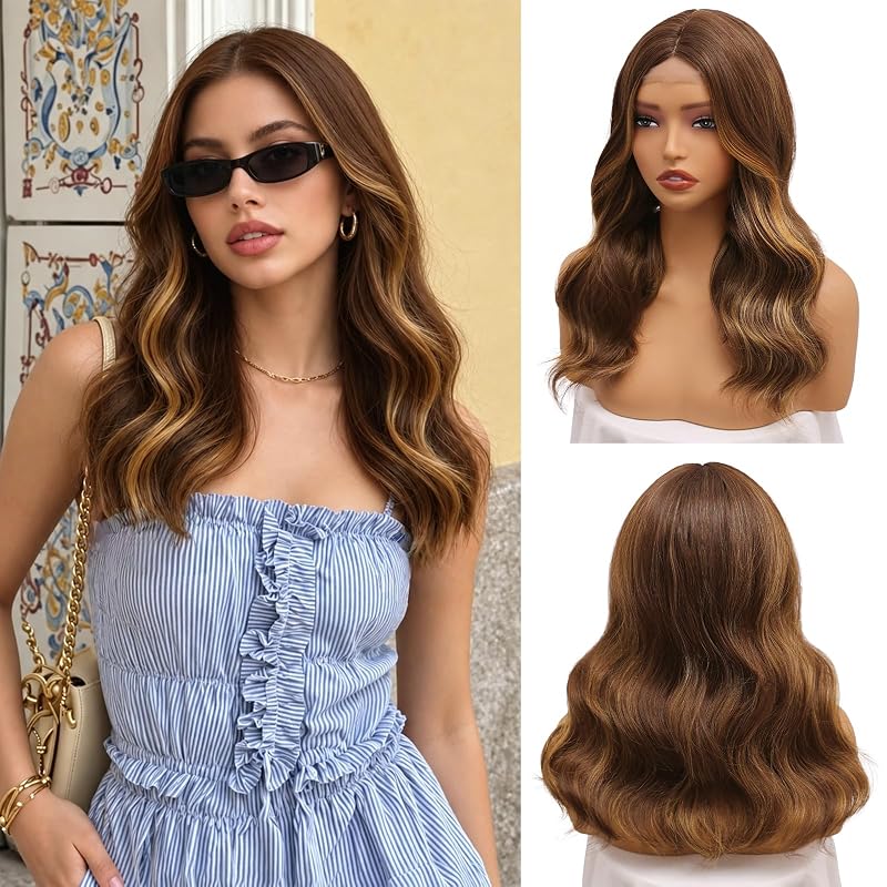Chestnut Brown Gold Highlight Wig for Women, 18 Inch Wavy Synthetic Wig