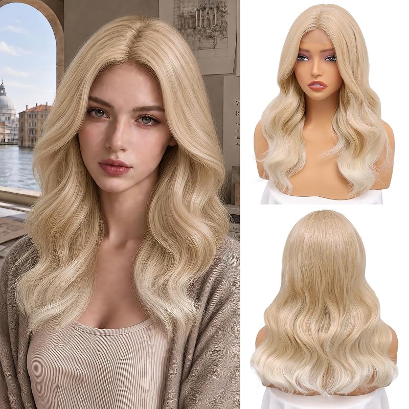 NAYOO Champagne Blonde Wig for Women,18 Inch Middle Part Synthetic Wavy Wig