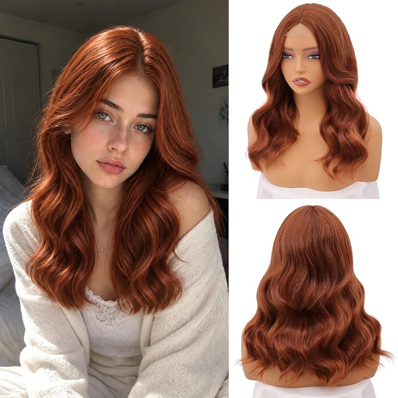 NAYOO Auburn Wig for Women,18 Inch Copper Red Synthetic Wavy Wig