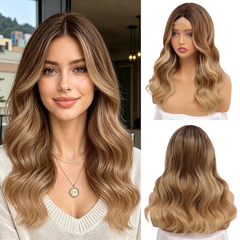 NAYOO Brown to Beige Blonde Wig for Women,18 Inch Synthetic Wavy Wig