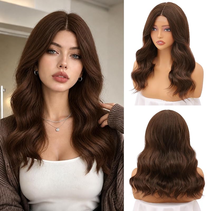 NAYOO Light Brown Wig for Women,18 Inch Middle Part Synthetic Wavy Wig