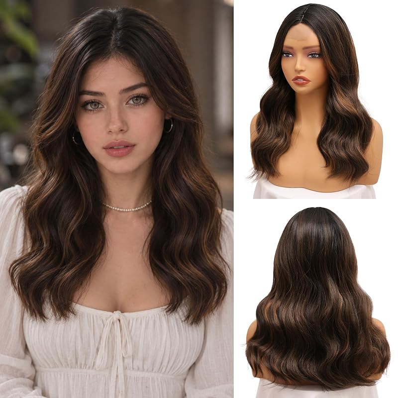 NAYOO Brown Highlight Wig for Women,18 Inch Middle Part Synthetic Wavy Wig