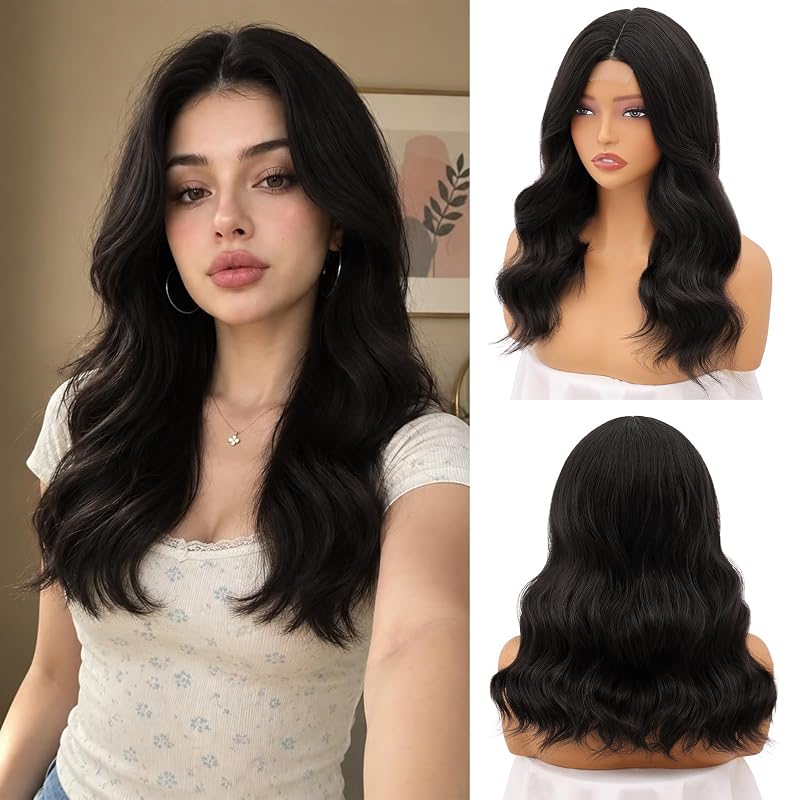 NAYOO Black Wig for Women, 18 Inch Middle Part Synthetic Wavy Wig