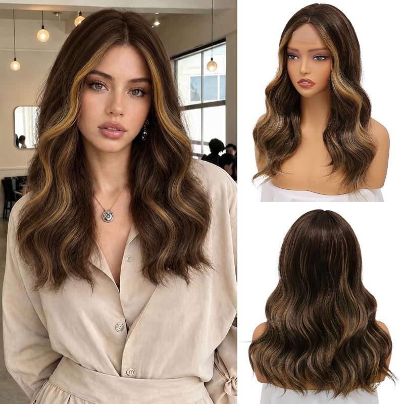 Blonde Highlight Chocolate Brown Wig for Women,18 Inch Synthetic Wavy Wig