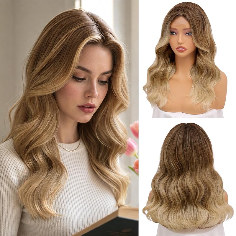 Ombre Honey Blonde Wig for Women,18 Inch Middle Part Wavy Synthetic Wig
