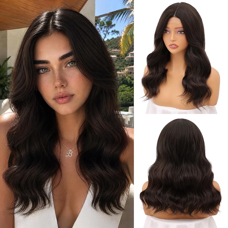 NAYOO Dark Brown Wig for Women,18 Inch Chocolate Brown Synthetic Wavy Wig