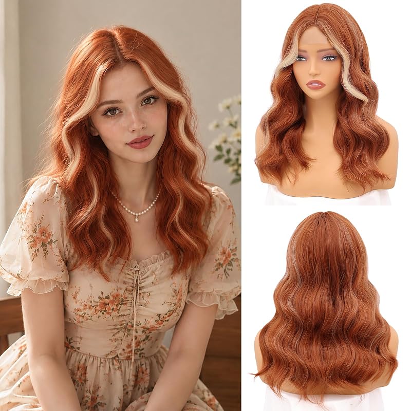 NAYOO Orange Highlight Wig for Women,18 Inch Synthetic Wavy Wig
