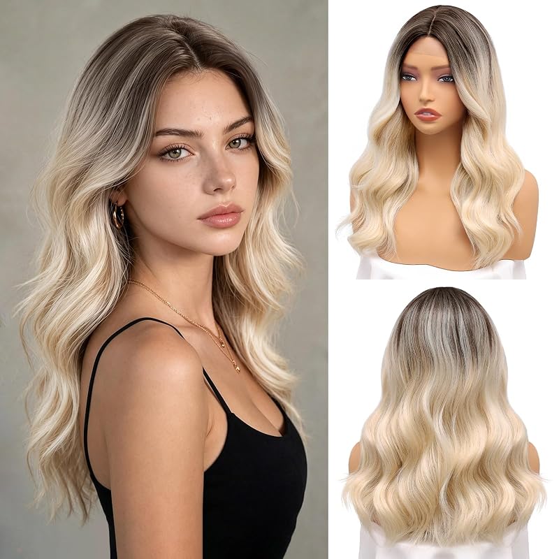 Ombre Platinum Blonde Wig for Women,18 Inch Middle Part Synthetic Wavy Wig