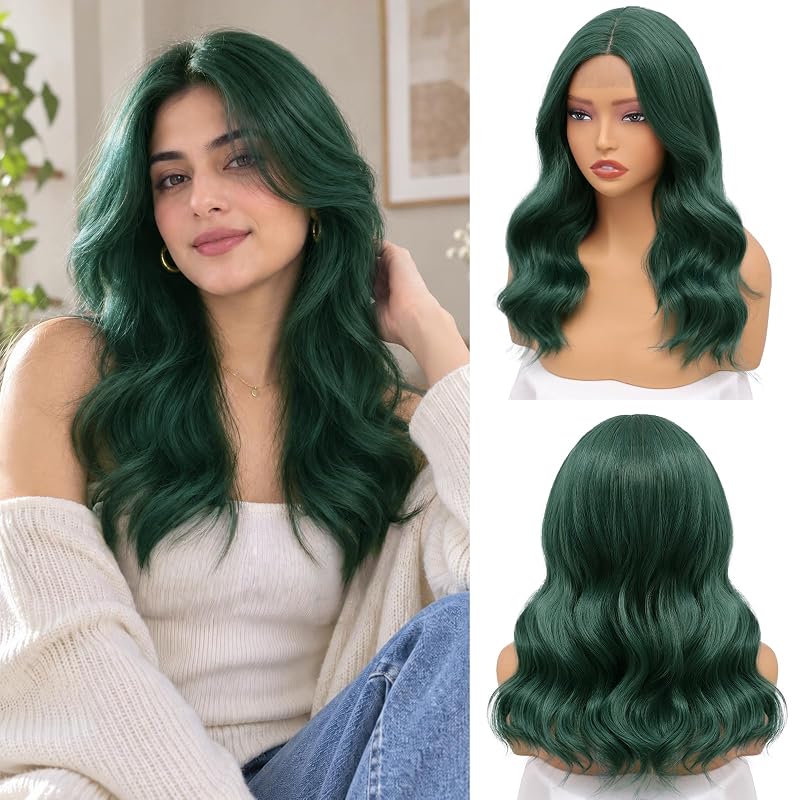 NAYOO Dark Green Wig for Women,18 Inch Middle Part Synthetic Wavy Wig