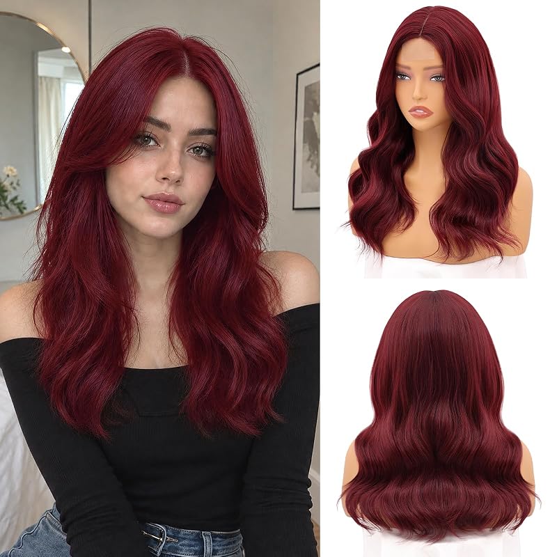 NAYOO Burgundy Wig for Women,18 Inch Wine Red Wavy Synthetic Wig