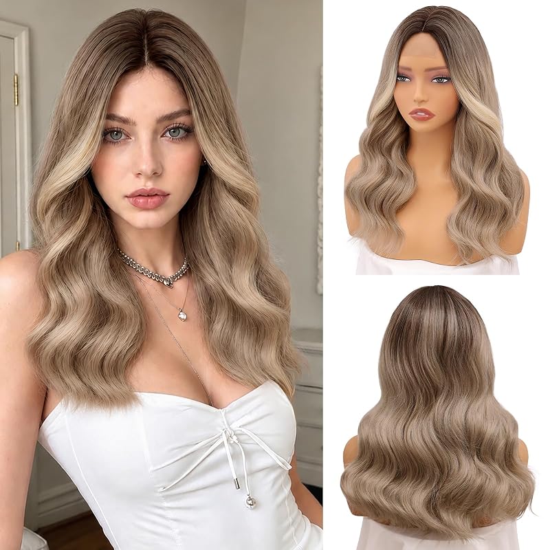 NAYOO Ash Blonde Wig for Women, 18 Inch Middle Part Wavy Synthetic Wig