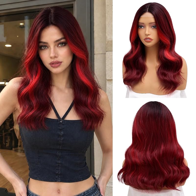 NAYOO Black Red Ombre Wig for Women,18 Inch Middle Part Wavy Wig
