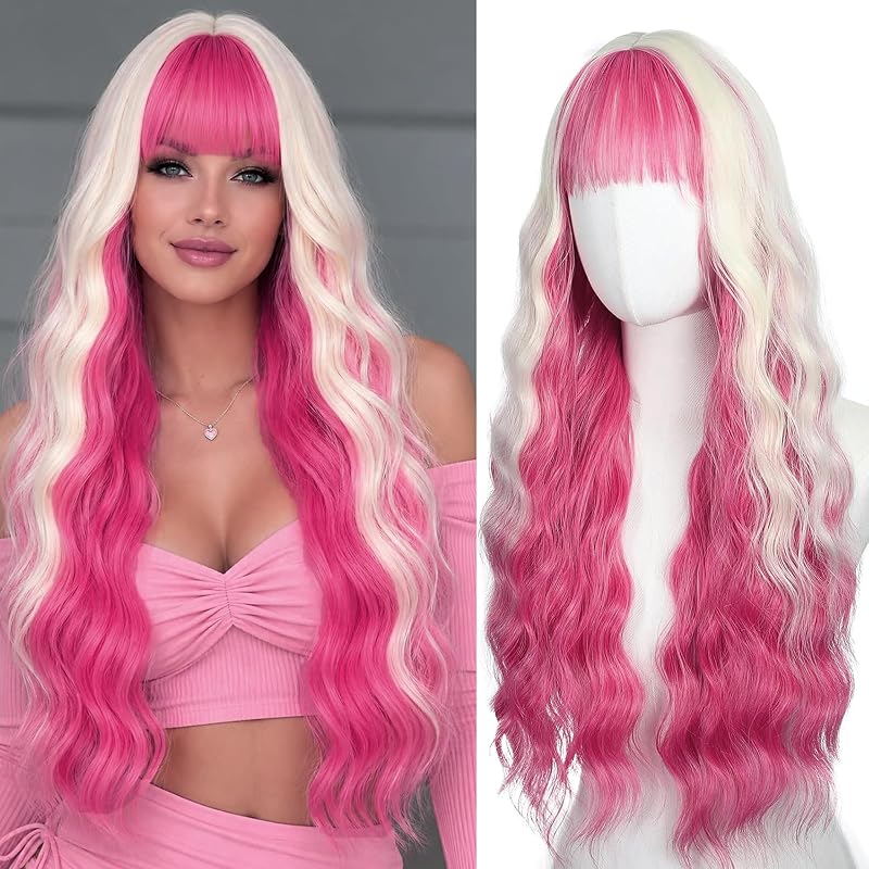 Cosplay Long Pink Blonde Wig 29 Inch Middle Part Synthetic Wigs for Women