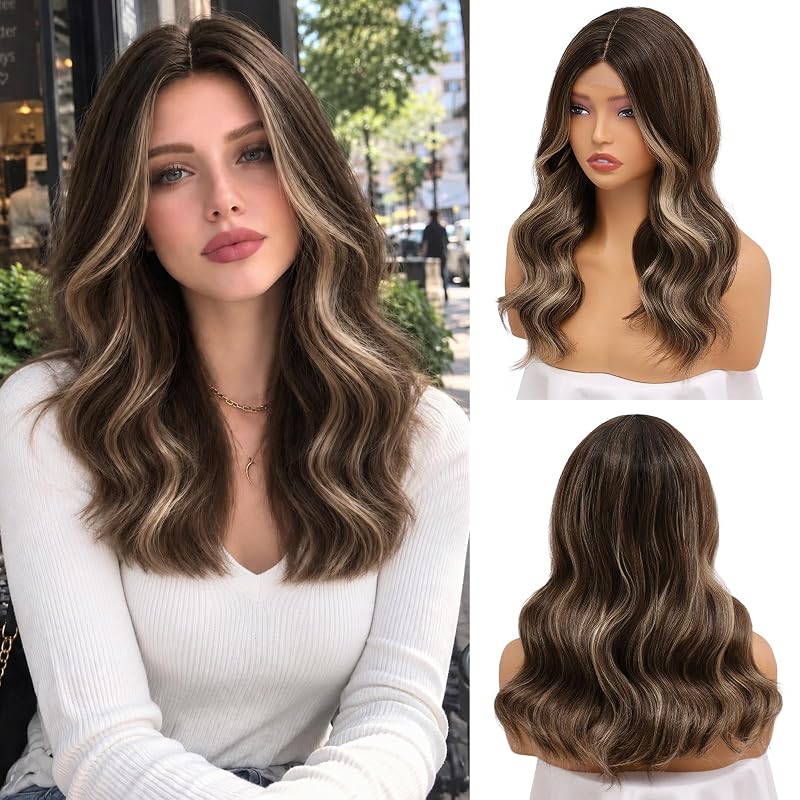 NAYOO Brown Platinum Highlights Wig for Women, 18 Inch Wavy Synthetic Wig