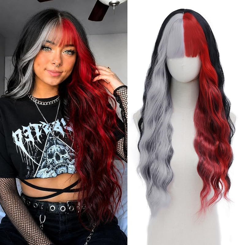 Cosplay Long Black Red Wig 29 Inch Middle Part Synthetic Wigs for Women