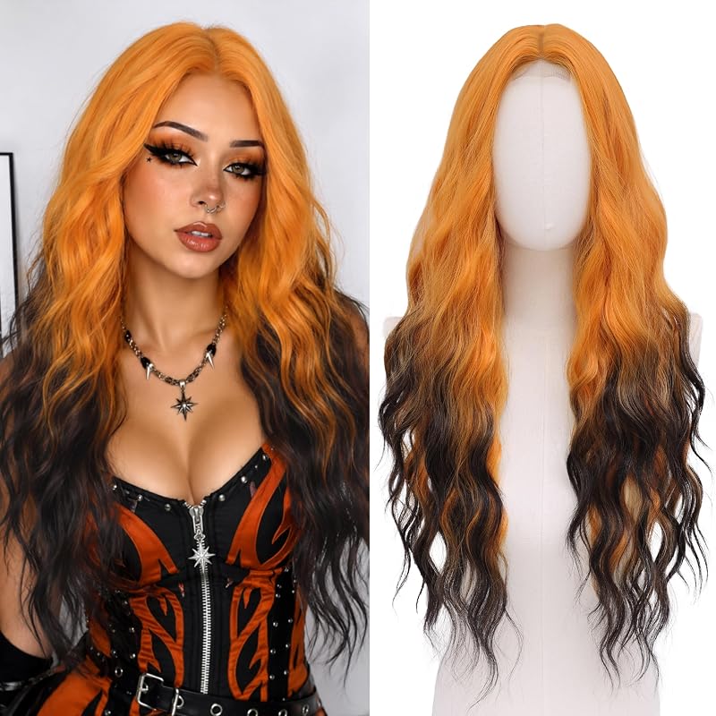 Cosplay Long Orange Black Wig 28 Inch Middle Part Synthetic Wigs for Women
