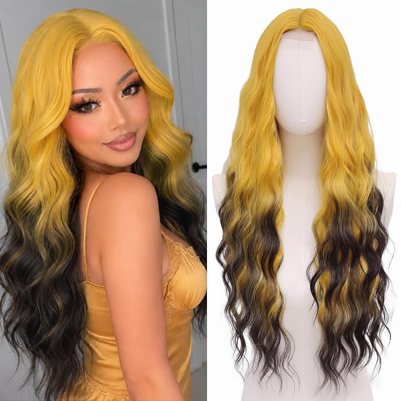 Cosplay Long Yellow Black Wig 28 Inch Middle Part Synthetic Wigs for Women