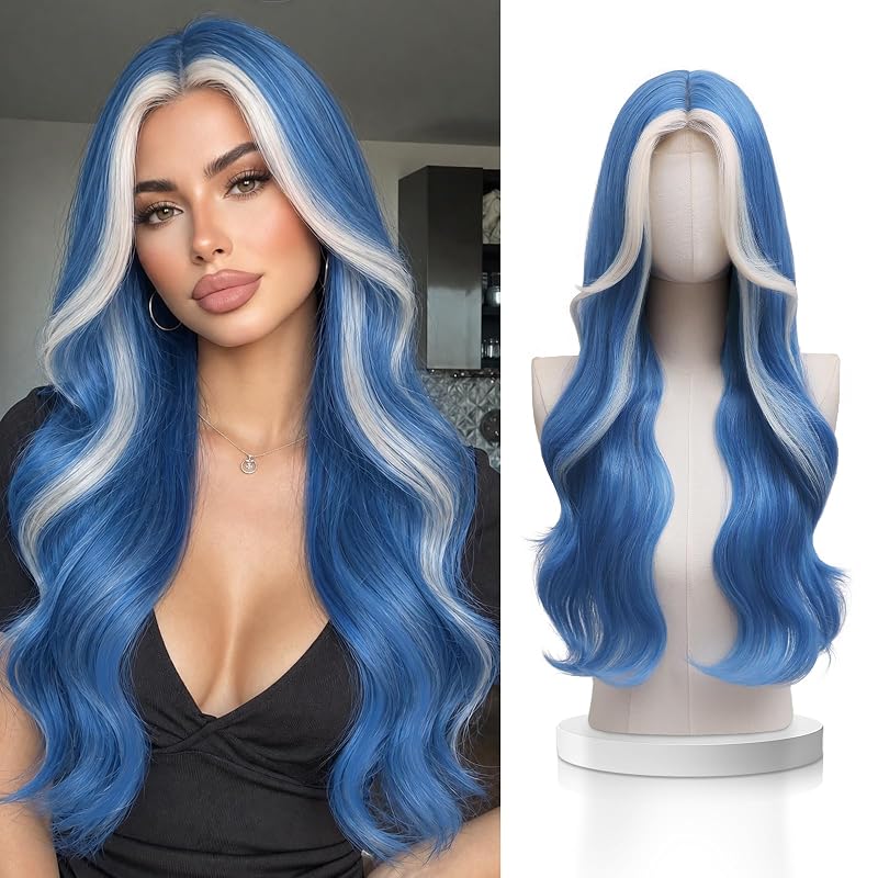 VERNA Blue White Highlights Wig for Women,28 Inch Long Wavy Synthetic Wig