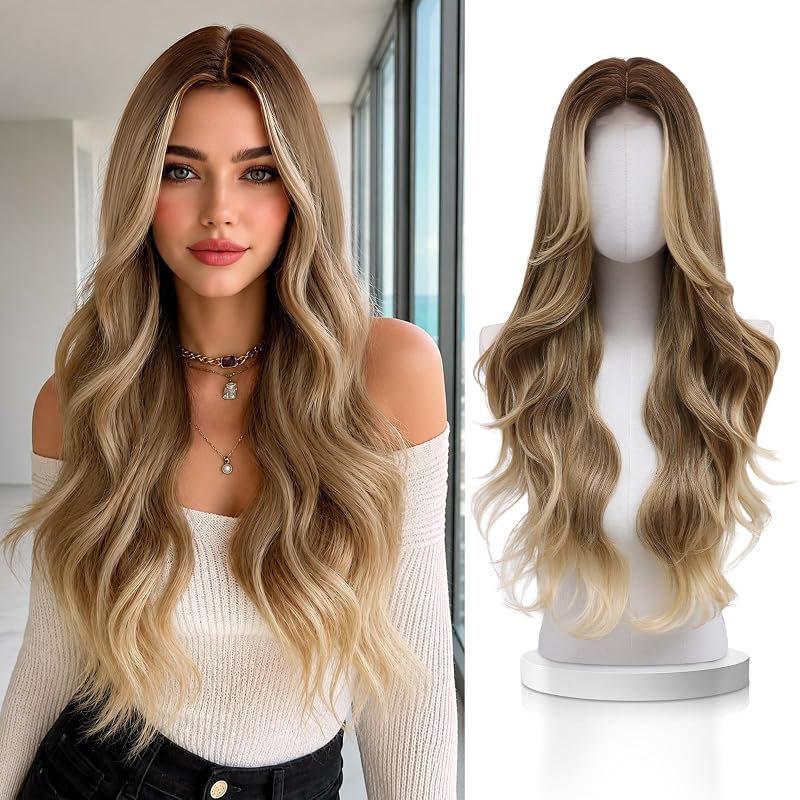 Ombre Blonde Wig for Women,28 Inch Long Wavy Synthetic Wig