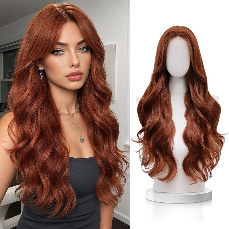 VERNA Auburn Wig for Women,28 Inch Long Wavy Copper Red Synthetic Wig