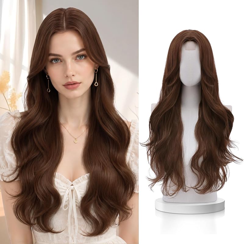 VERNA Brown Wig for Women,28 Inch Long Wavy Chocolate Brown Synthetic Wig