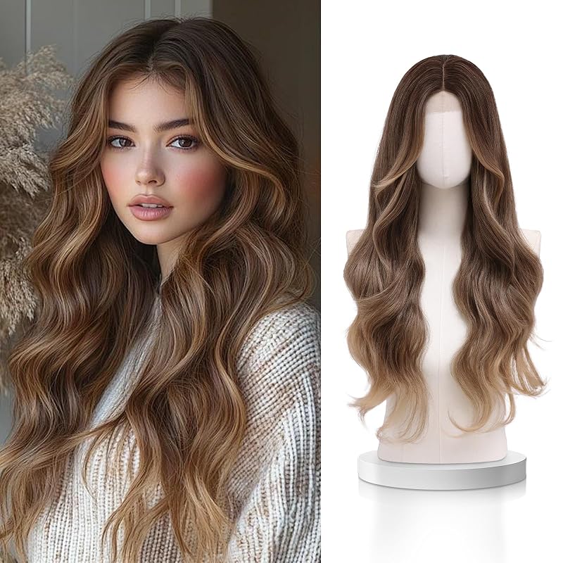 VERNA Brown Ombre Wig for Women,28 Inch Long Wavy Middle Part Synthetic Wig