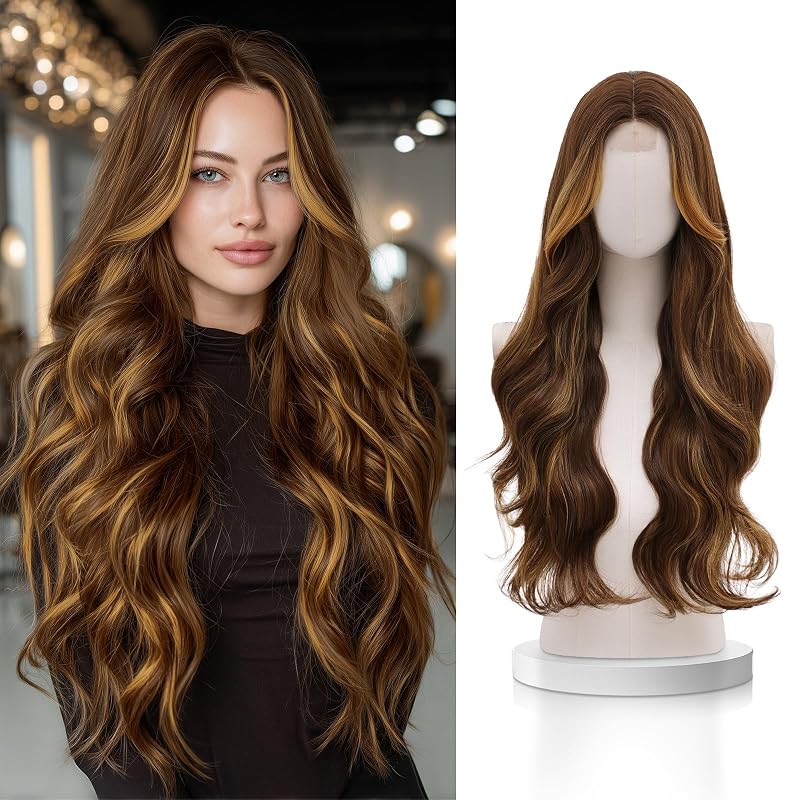 VERNA Dark Brown Mixed Chestnut Wig for Women,28 Inch Long Wavy Middle Part