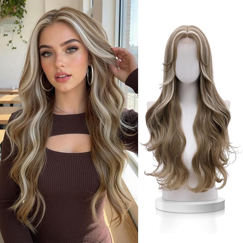 VERNA Ginger Mixed Blonde Wig for Women,28 Inch Long Wavy Synthetic Wig
