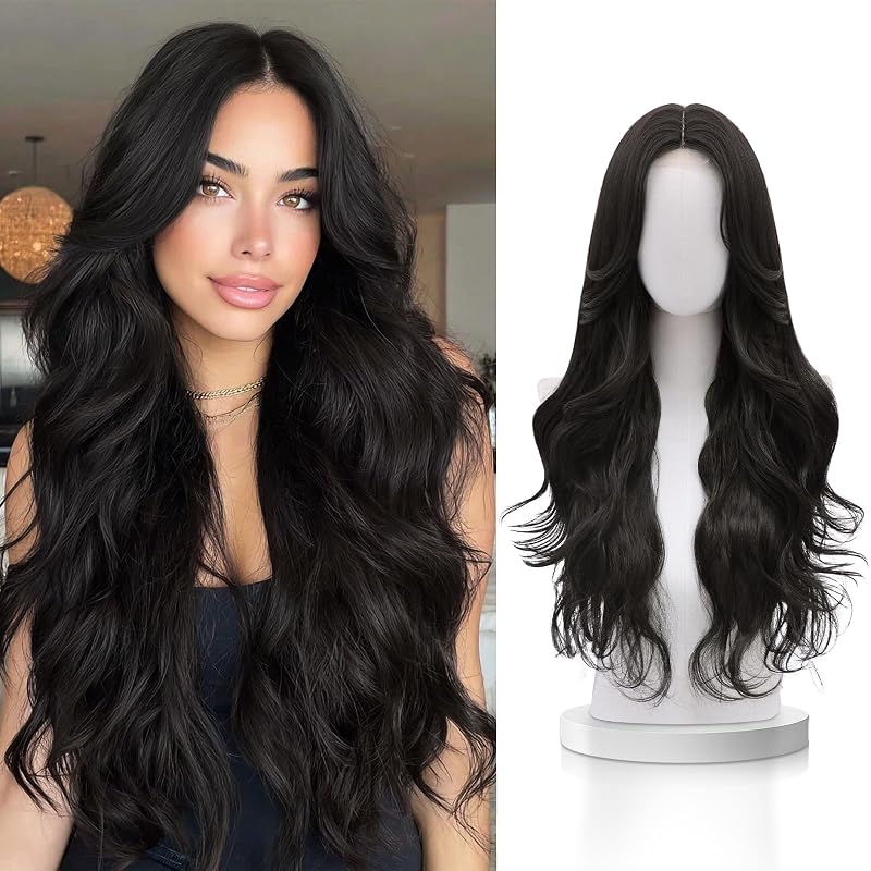 Natural Black Wig for Women,28 Inch Long Wavy Middle Part Synthetic Wig