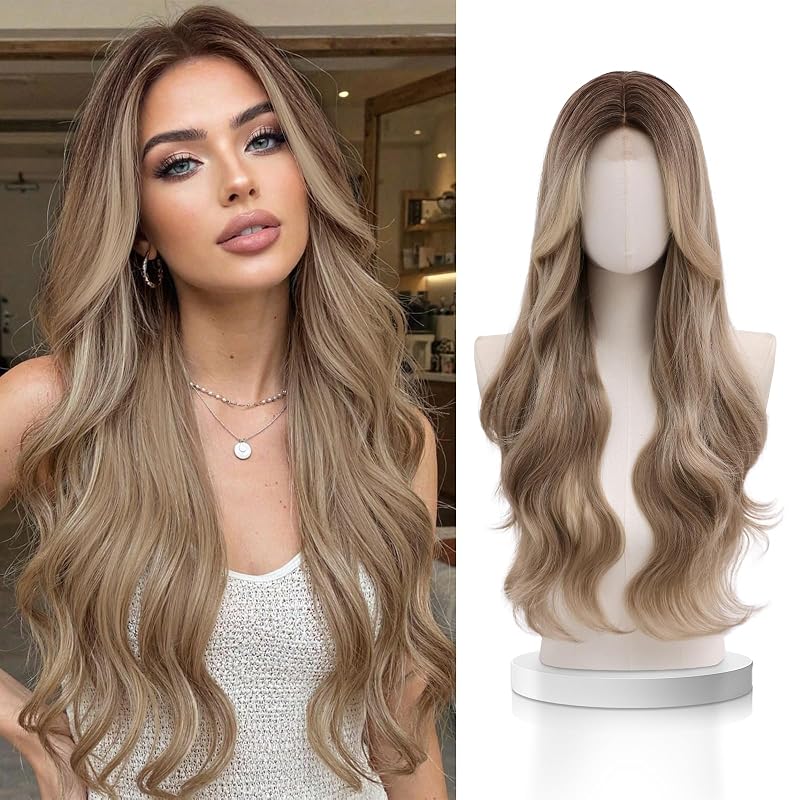 Blond Ombre Wig for Women,28 Inch Long Wavy Dark Blonde Ombre Synthetic Wig