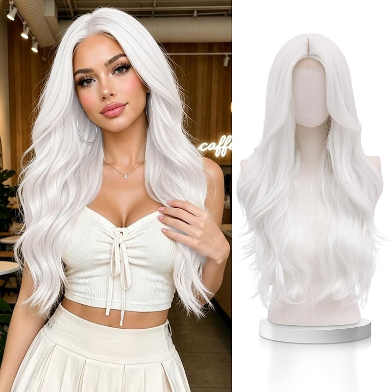 VERNA White Wig for Women,28 Inch Long Wavy Middle Part Synthetic Wig