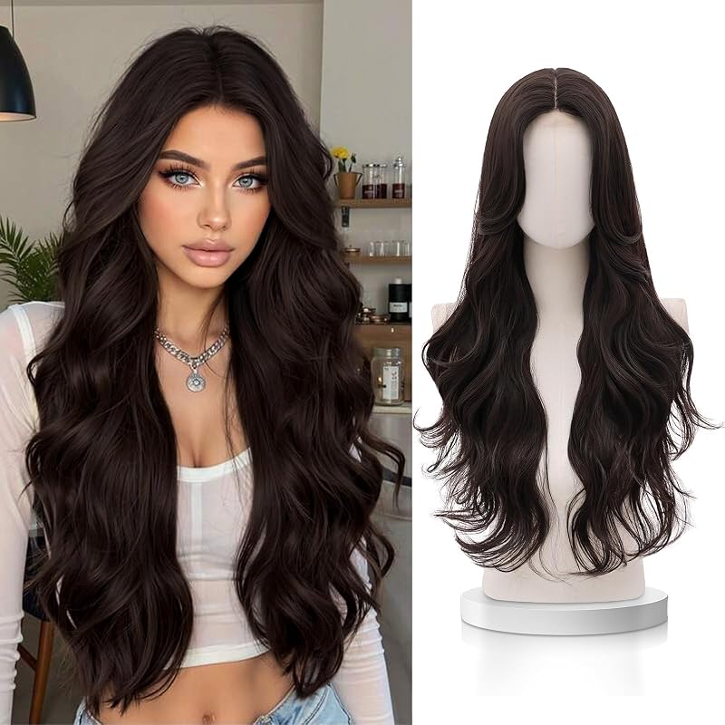 VERNA Dark Brown Wig for Women,28 Inch Long Wavy Middle Part Synthetic Wig