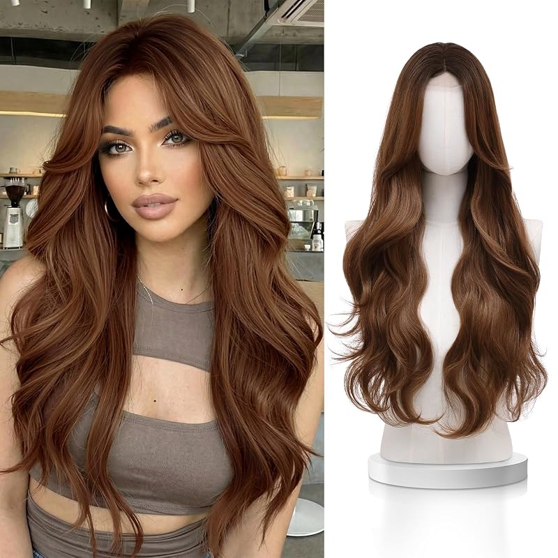 Ombre Brown Wig for Women,28 Inch Long Wavy Auburn Chestnut Synthetic Wig
