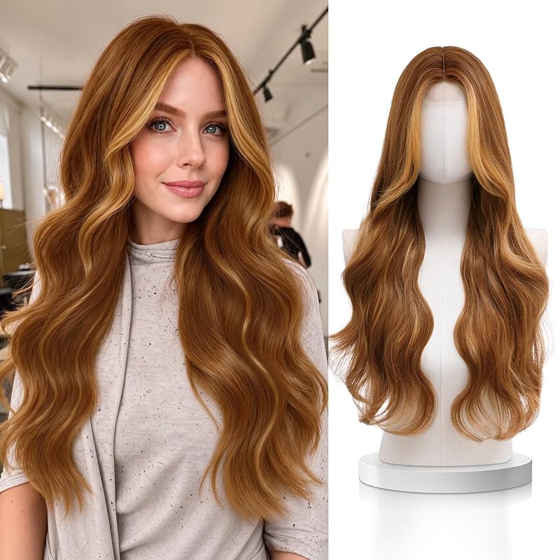 Honey Blonde Wig for Women,28 Inch Long Wavy Middle Part Synthetic Wig