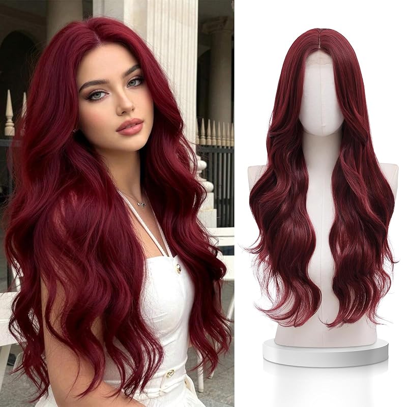 VERNA Wine Red Wig for Women,28 Inch Long Wavy Burgundy Synthetic Wig