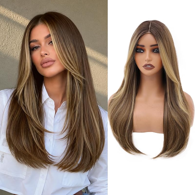 WECAN 24 Inch Blonde Layered Wig for Women 4x4 Realistic Scalp Free Parting